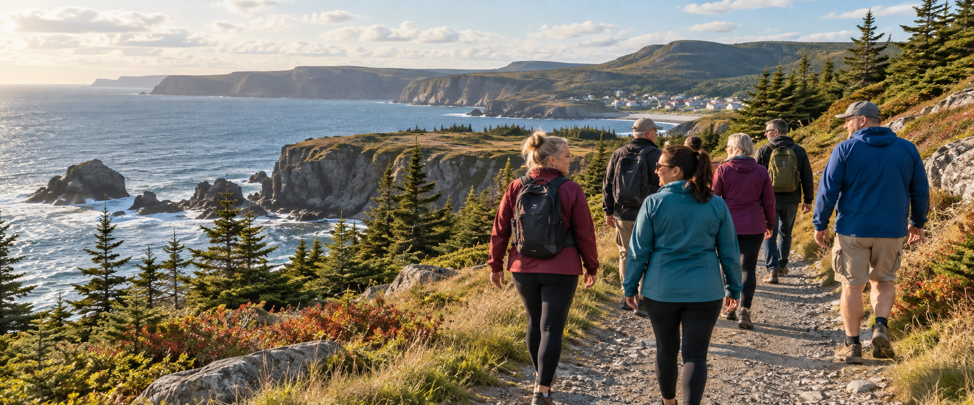 A welcoming group walking together along a Newfoundland coastal trail